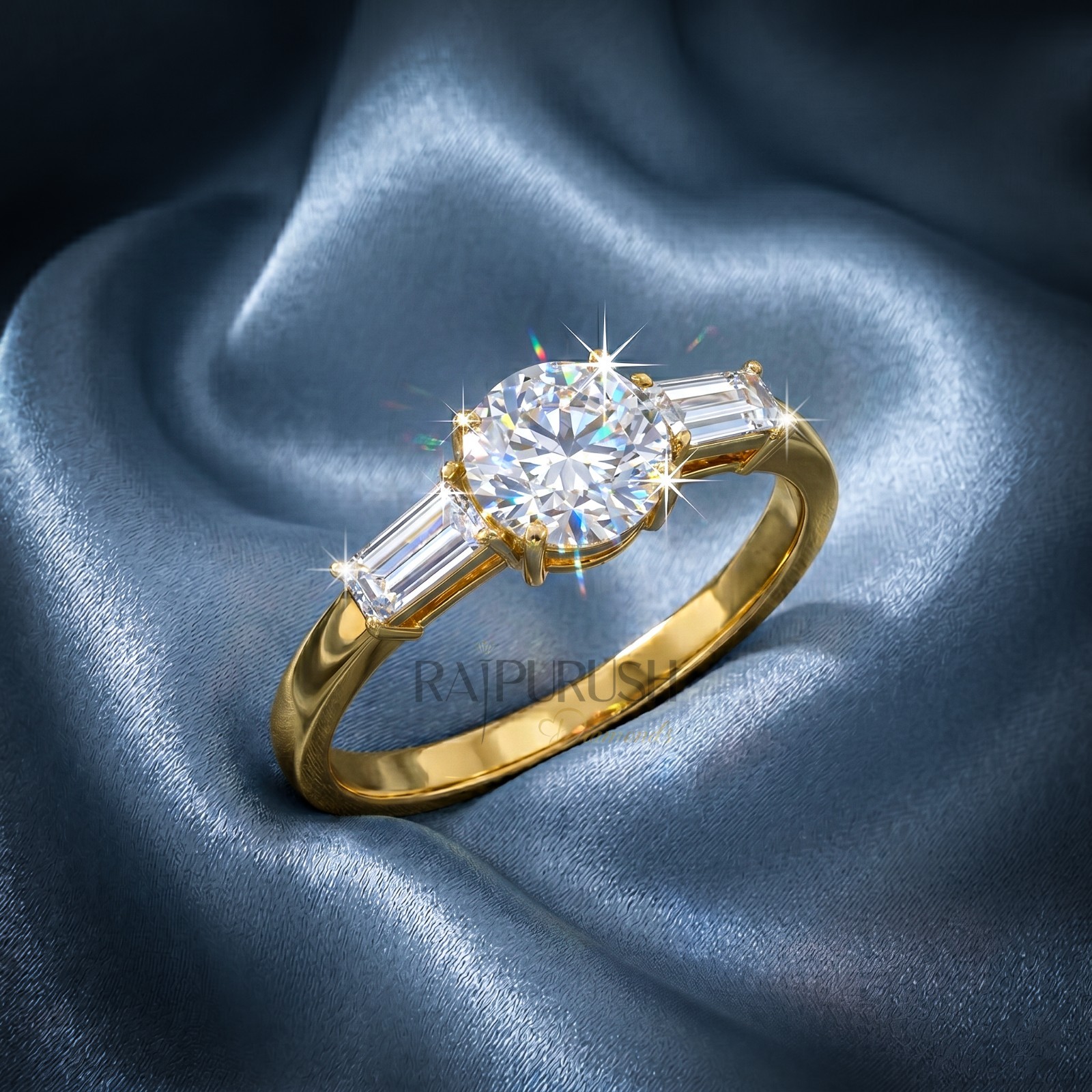 Round Moissanite Three Stone Engagement Ring Baguette 14K Gold Plated in Silver