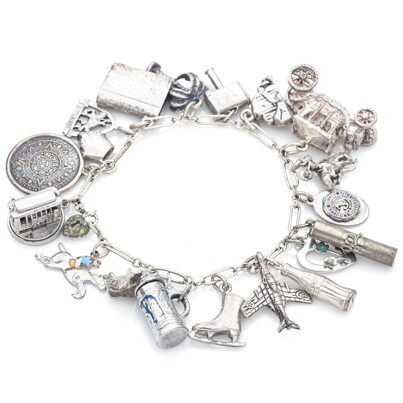 Beau Gothic Kinney Wells Sterling Silver Airplane Equestrian 19 Charms Bracelet