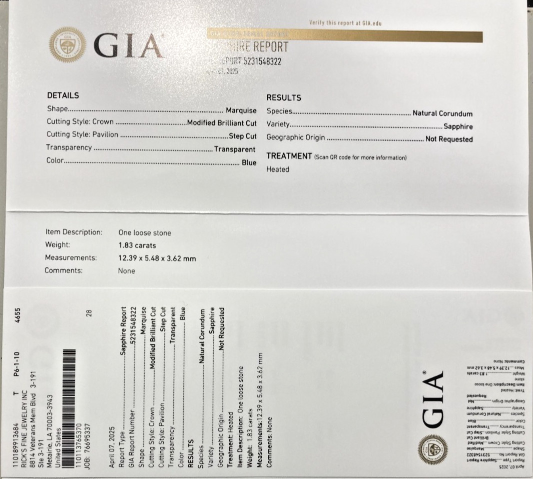 G I A Certified 1.83 ct. Natural Blue Sapphire Loose Marquise