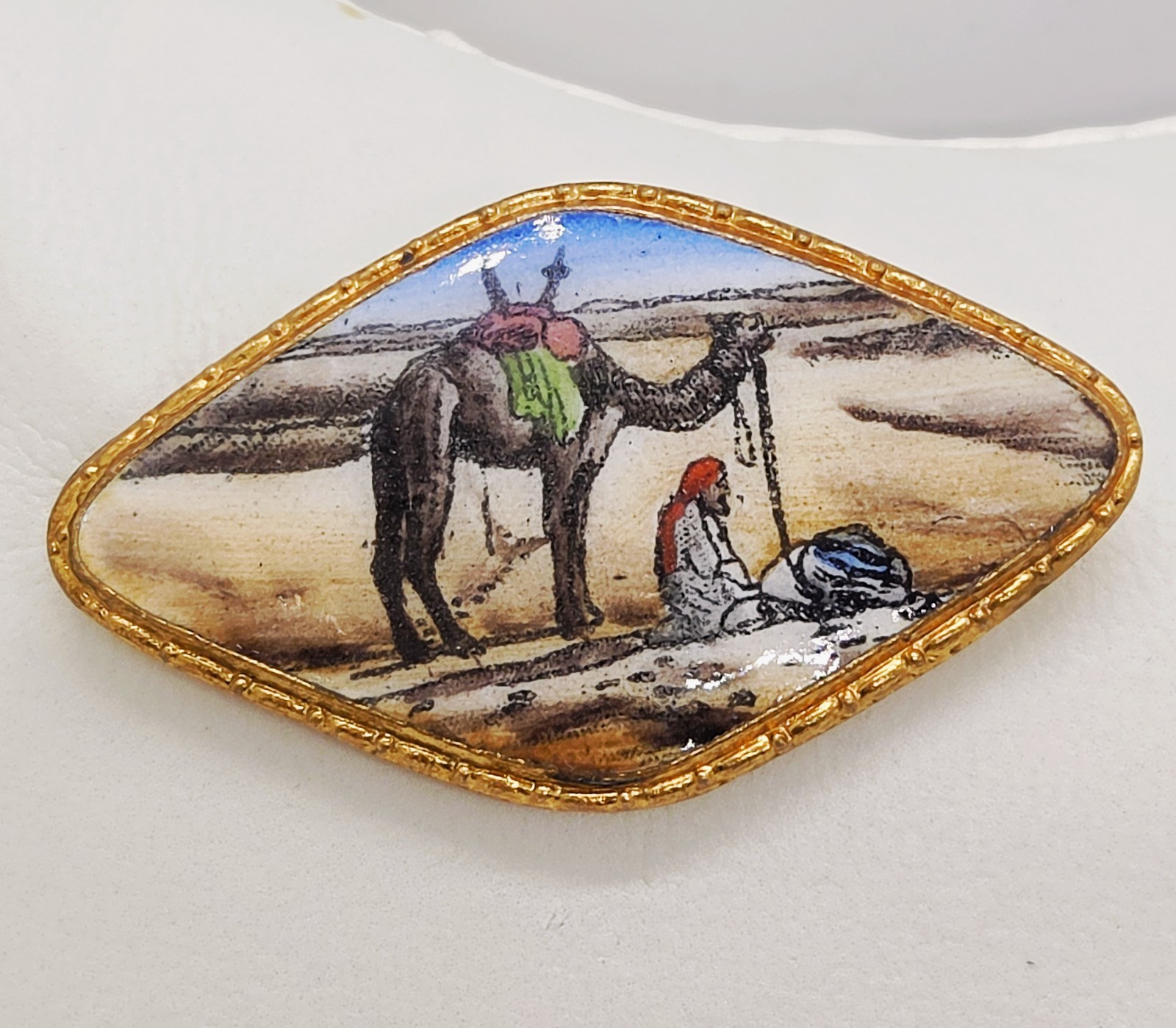 Vtg Enamel Brass Diamond Shape Egyptian Revival Camel Berber Desert Brooch Pin