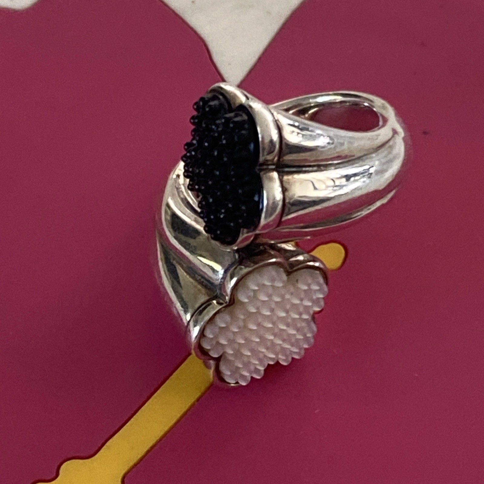 Lagos Caviar Silver, White & Black Ceramic Bead Ring Size 7