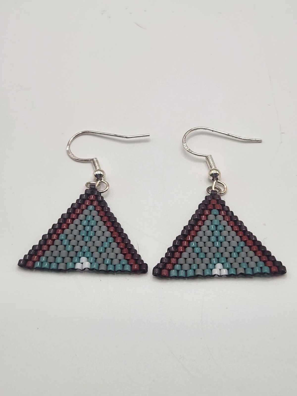 Handmade Peyote Seed Bead Triangle Dangle Earrings Sterling Silver 925 Hooks