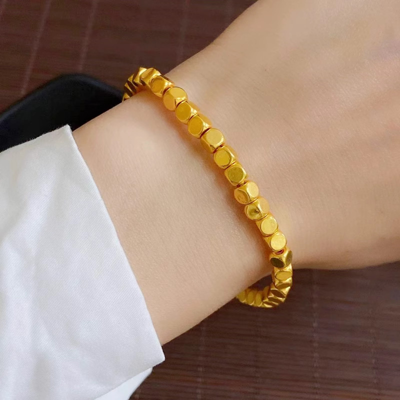Pure 999 24K Yellow Gold Men Women Lucky 3D 4mm Square Beads Bracelet