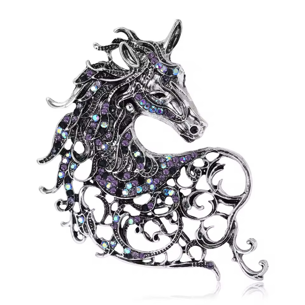 Vintage Style Horse Brooch Silver Blue Rhinestone Pin Equestrian Jewelry Gift