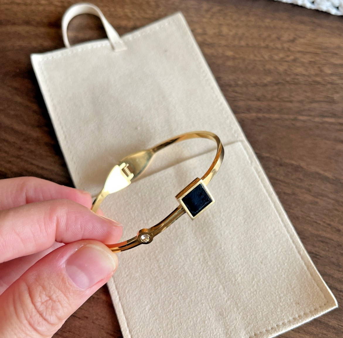 Golden Bangle bracelet with black square accent