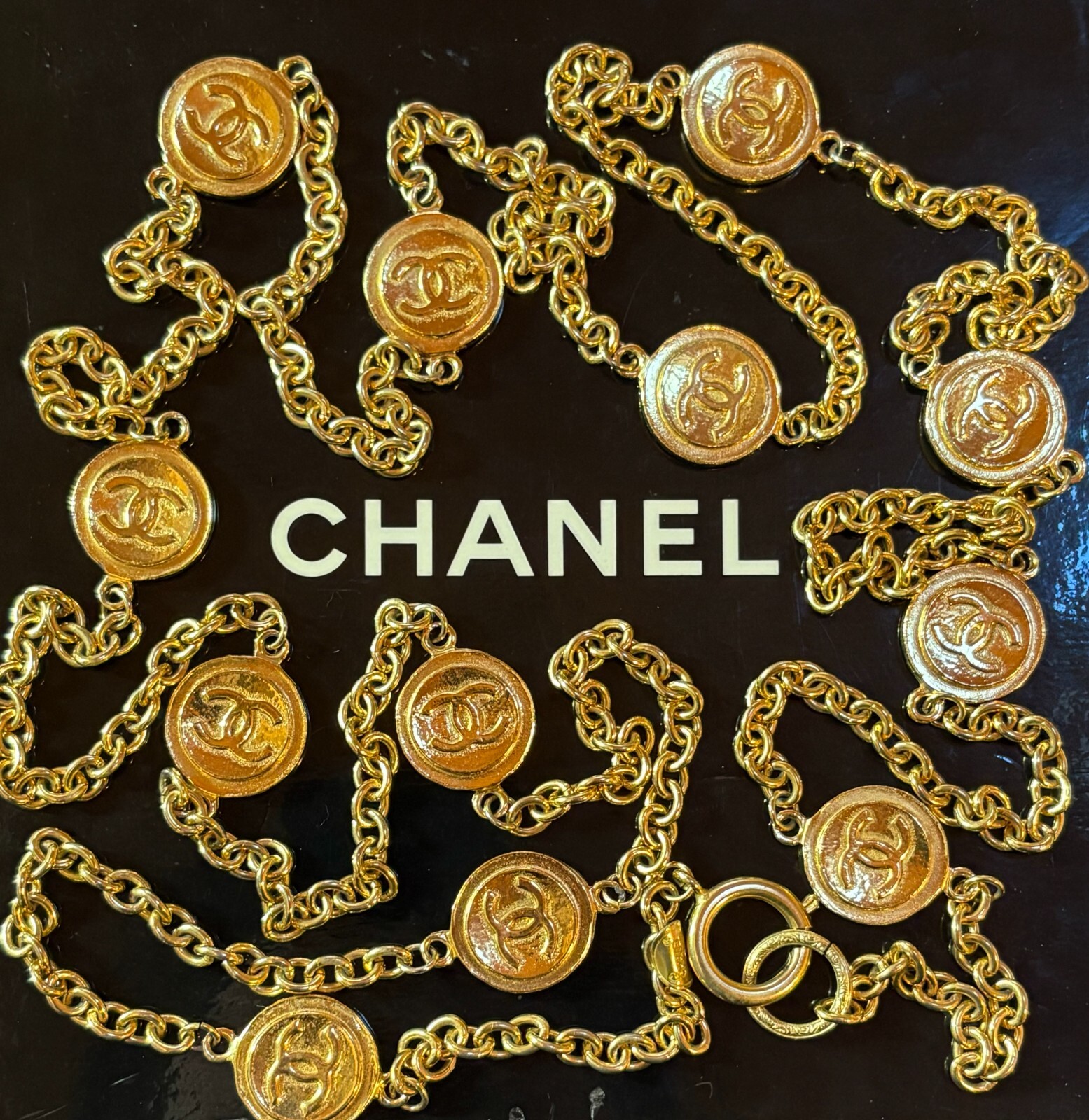 CHANEL Necklace AUTH Coco CC chain Rare Pendant Gold 180cm Choker Medal Coin F/S