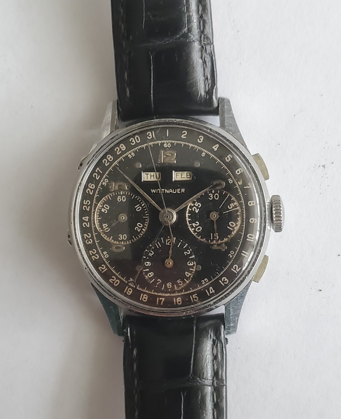 Vintage SS Wittnauer Triple Date Calendar Valjoux 72C Chronograph Man’s Watch
