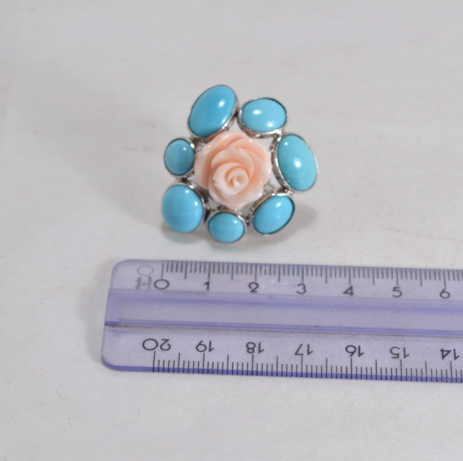 925 SILVER RING RHODIUM NATURAL TURQUOISE PINK CORAL PINK AGNK 0123