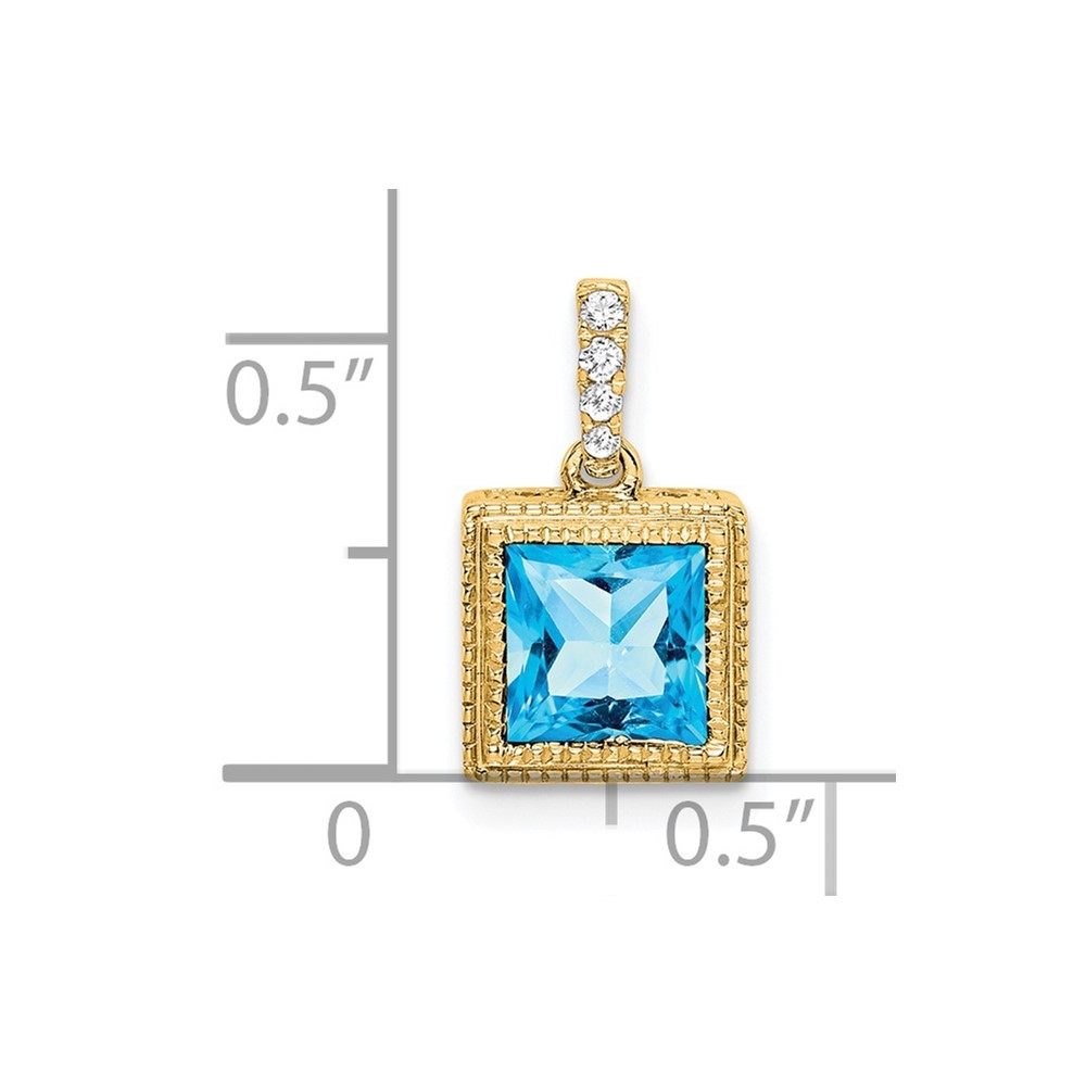 14k Yellow Gold 6mm Square Blue Topaz and Diamond Pendant 1.47gm L-14.2 mm