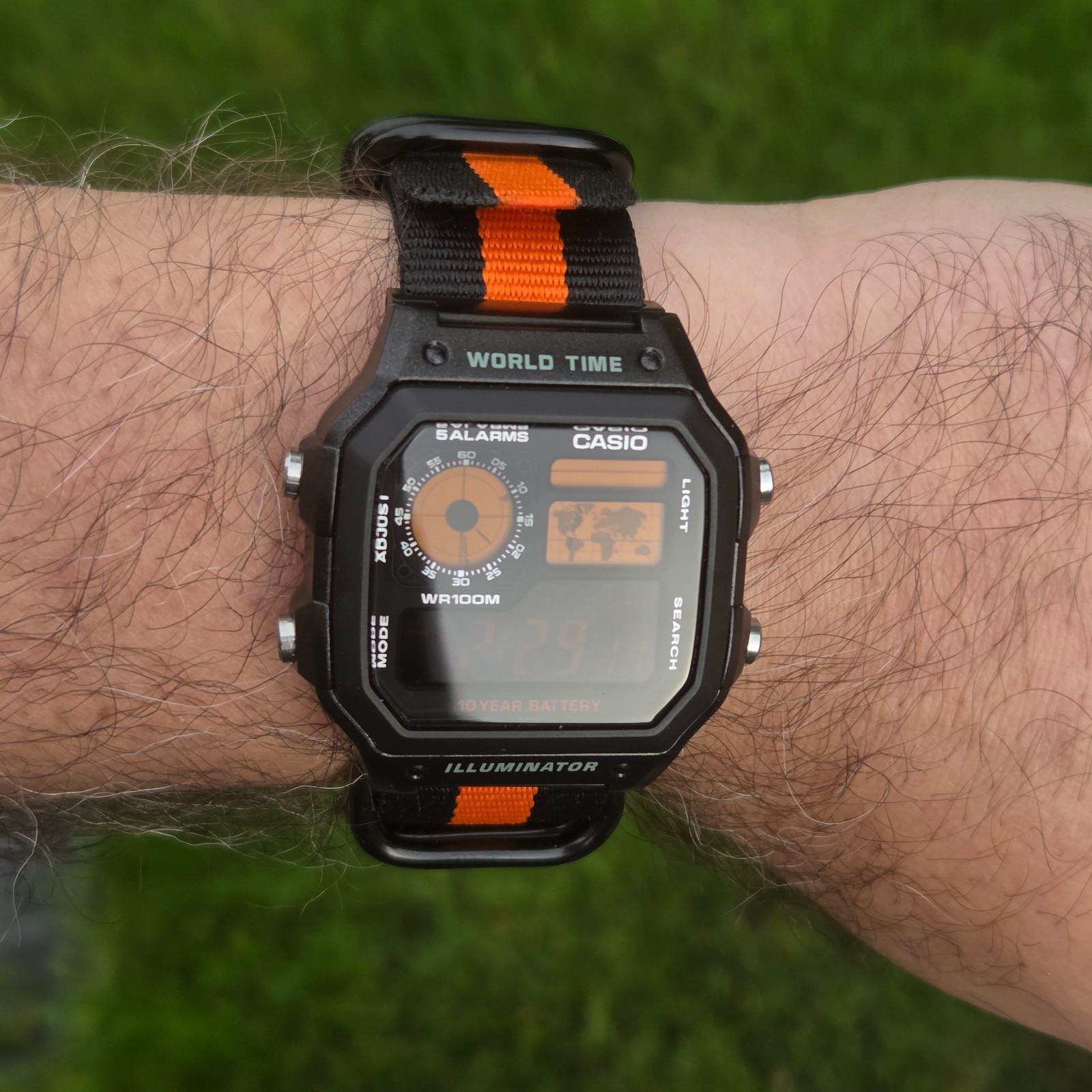 CASIO AE-1200WHD. Royale World Time Watch Mod. Orange Digits Negative. Hydromod.