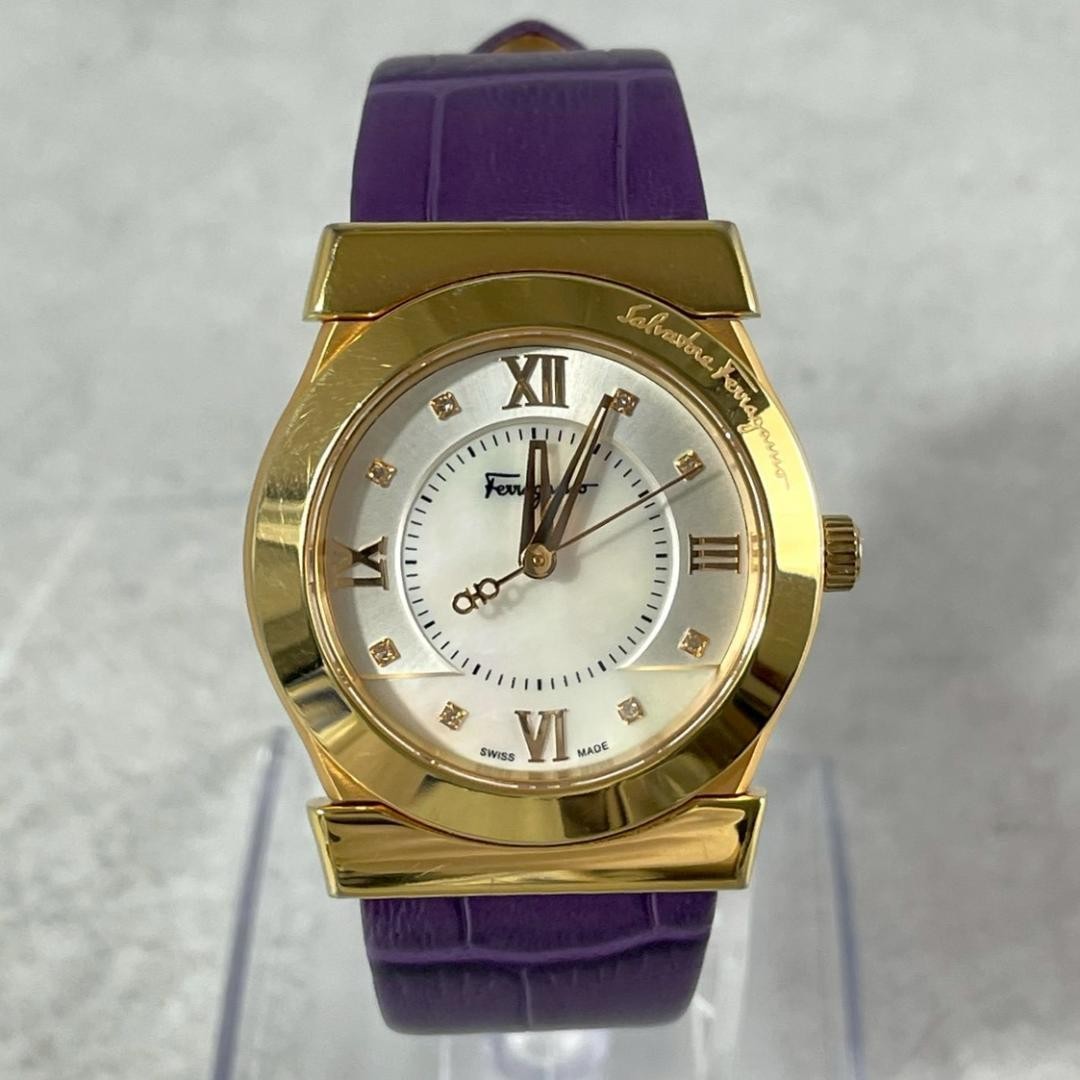Salvatore Ferragamo F75 Women’s Watch White Shell Purple Dial Stainless Steel U