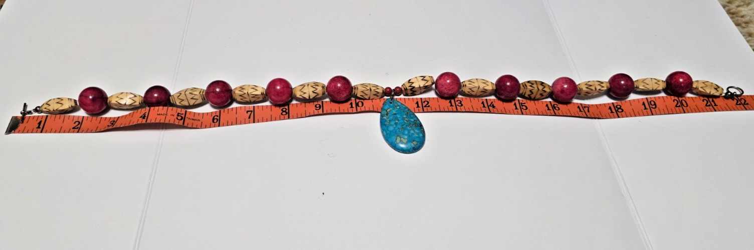 Artisan Handmade Turquoise Pendant Necklace Coral Wood Tribal Boho Southwest
