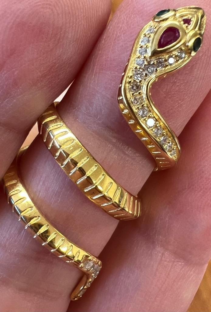 REAL Ruby Emerald Diamond Snake Ring 14K Y Gold on 925 wrap coiled Egyptian Rev