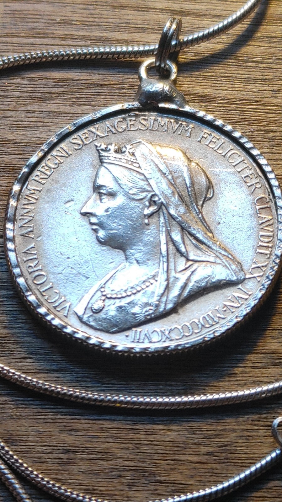 1837-1887 Queen Victoria English Silver Jubilee Pendant 28″ Sterling Snake Chain