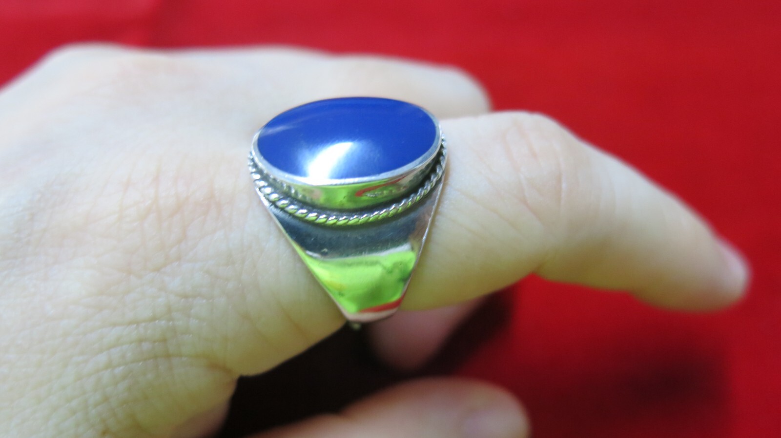 Egyptian 925 Sterling Silver Blue Agate Ring Unique Design Size 9.5
