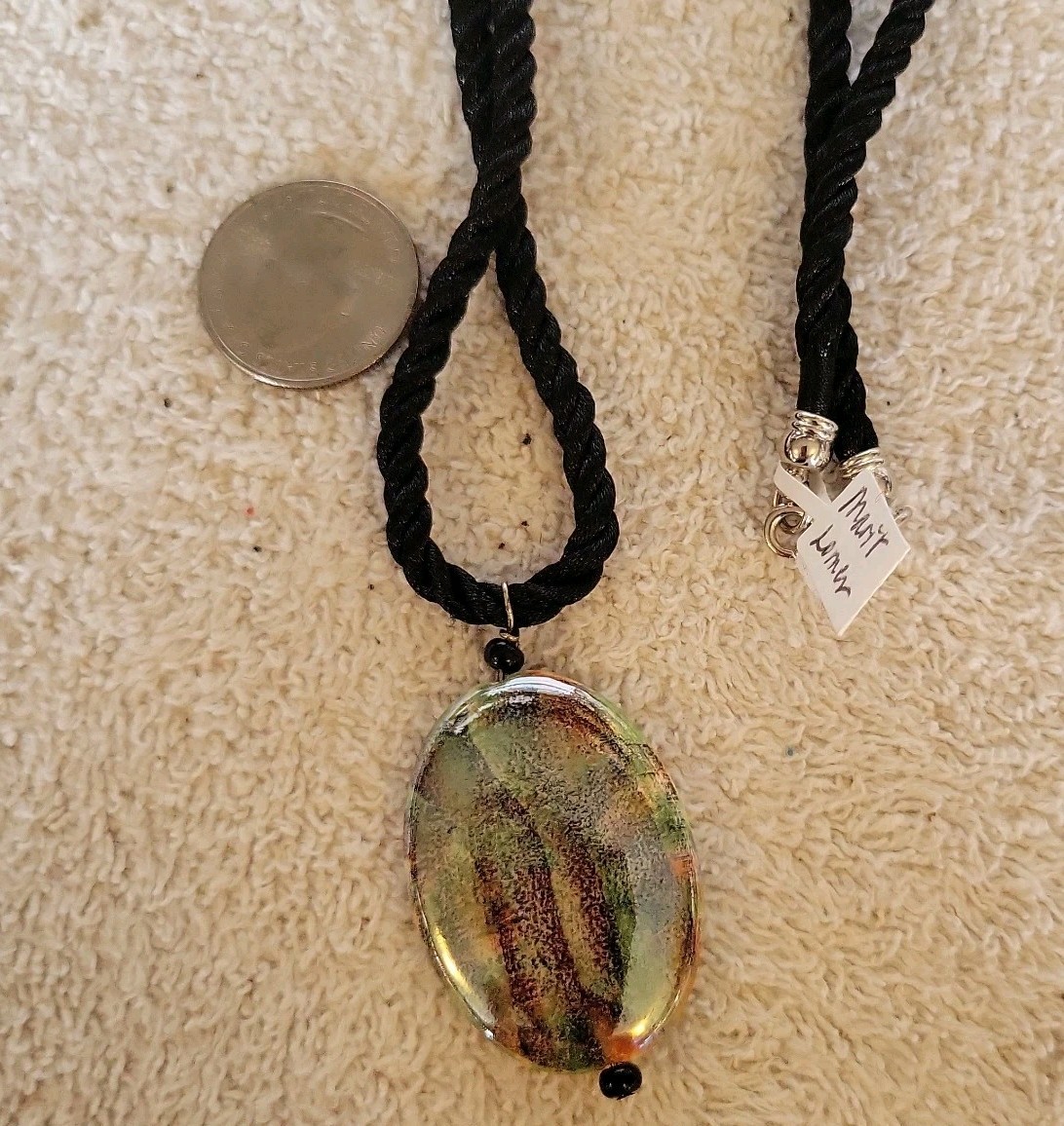 New Porcelain Pendant Necklace with Black Satin Cord 20 Inches In Length