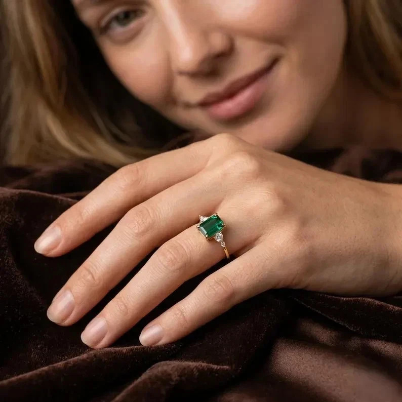 3.90 Ct Emerald Cut Natural Emerald & Diamond Wedding Ring 14K Yellow Gold