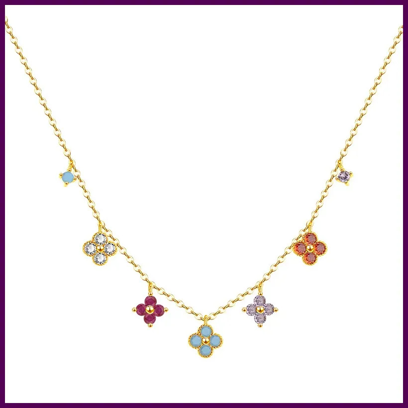 925 Sterling Silver Colorful AAA CZ Gold Clover Necklace Women Elegant Pendant