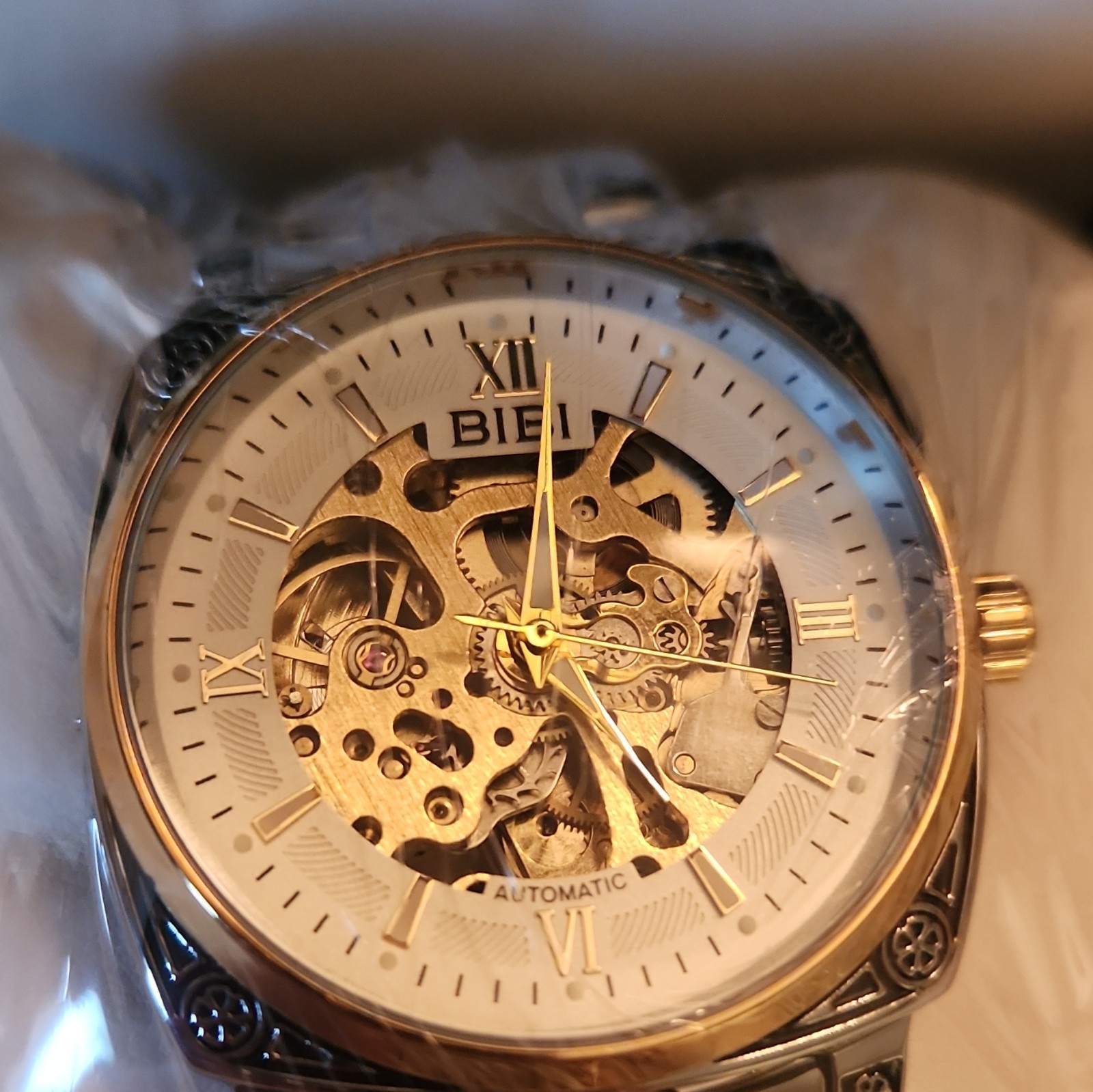BIBI Luxury Automatic Skeleton Dial Two-Tone Metal Bracelet Watch w/ Box