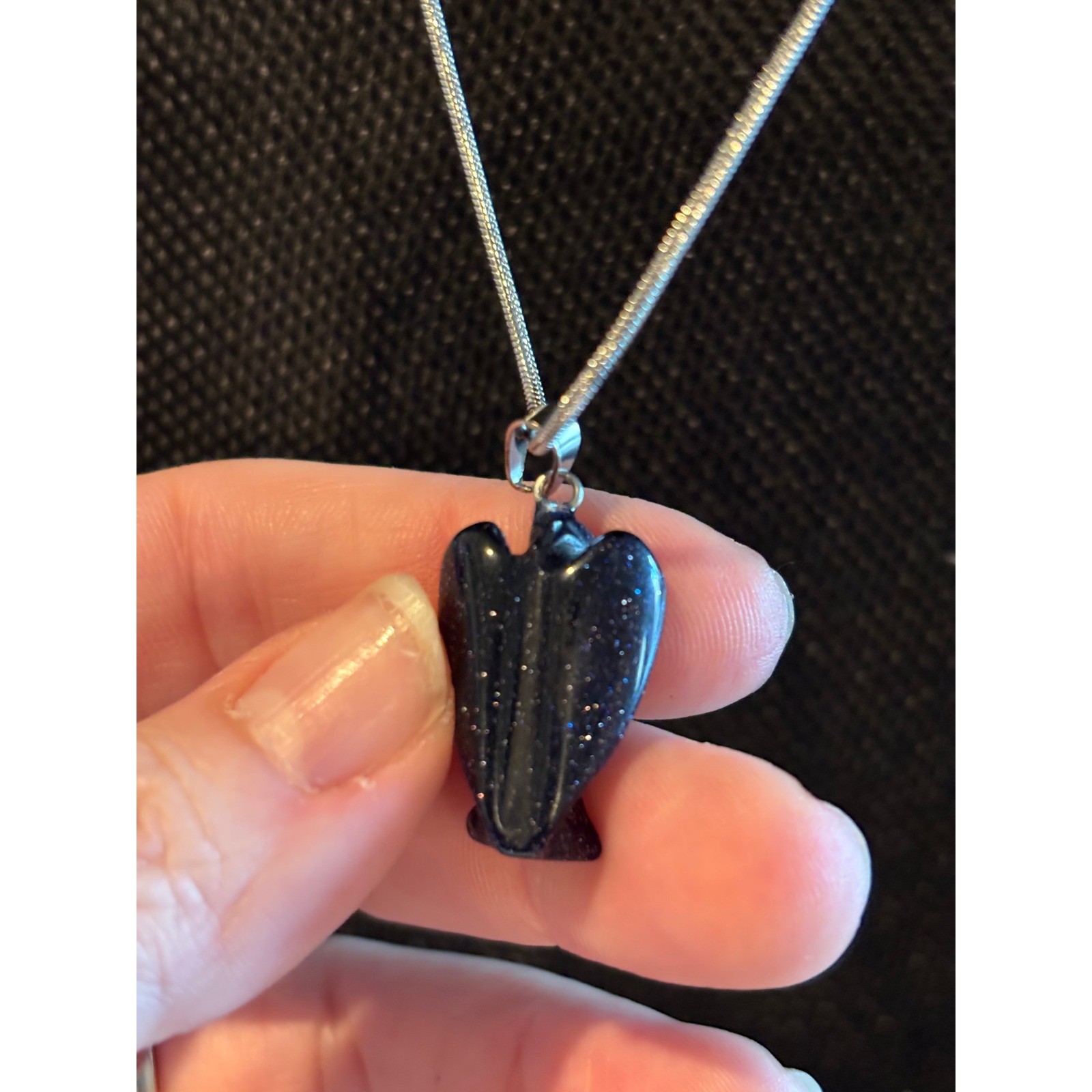 Blue Goldstone Angel Pendant Necklace Silver Tone Snake Chain Celestial Jewelry