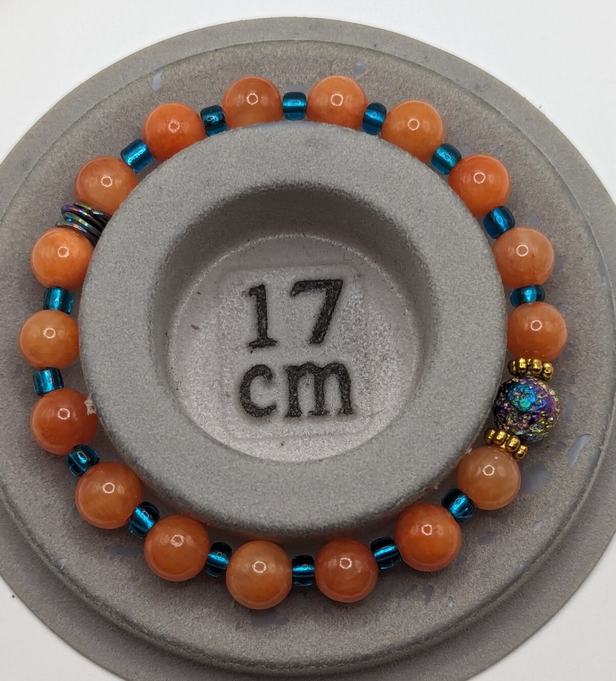 Orange 8mm Gemstone, Blue 6/0 Beaded Stretch Stylish Bracelet (17cm) S/M Wrist