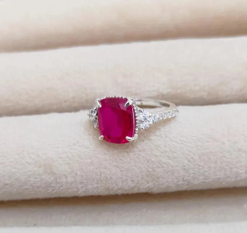 4.80Ct Cushion Cut Natural Red Ruby & Diamond 14K White Gold Engagement Ring