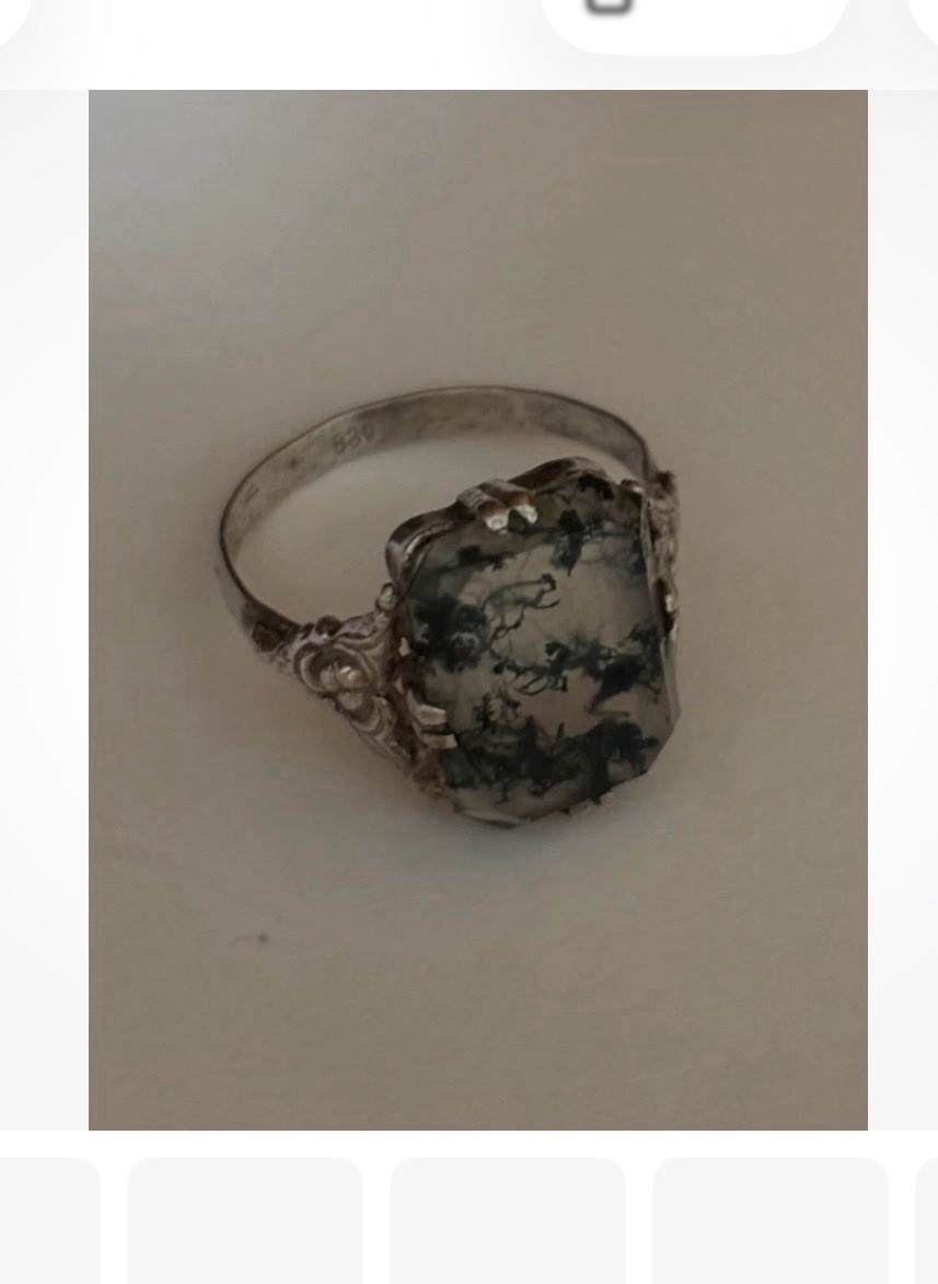 Nest Motif Antique Silver British Moss Stone Ring Size 6.5”