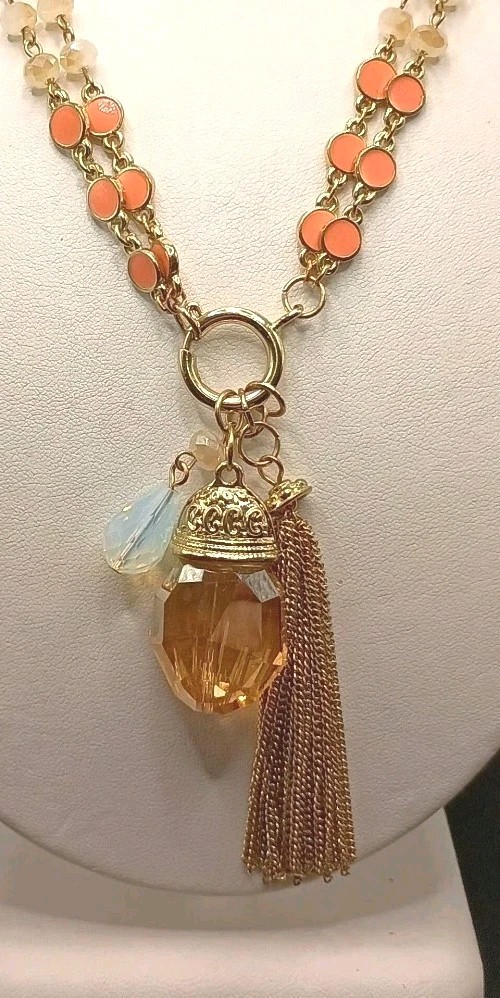 Vintage Beaded Necklace Tassel Opalite & Crystal Charm Pendant Sparkle Long 39″