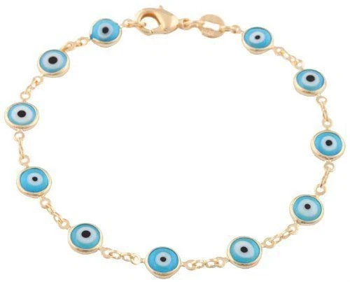 Evil Eye Bracelet Light Blue Eyes 7.5 inch Long 18k Gold Filled