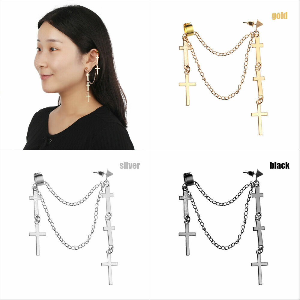 Gothic Punk Cuff Dangle Drop Cross Earrings Long Chain Stud Tassel Earrings P29