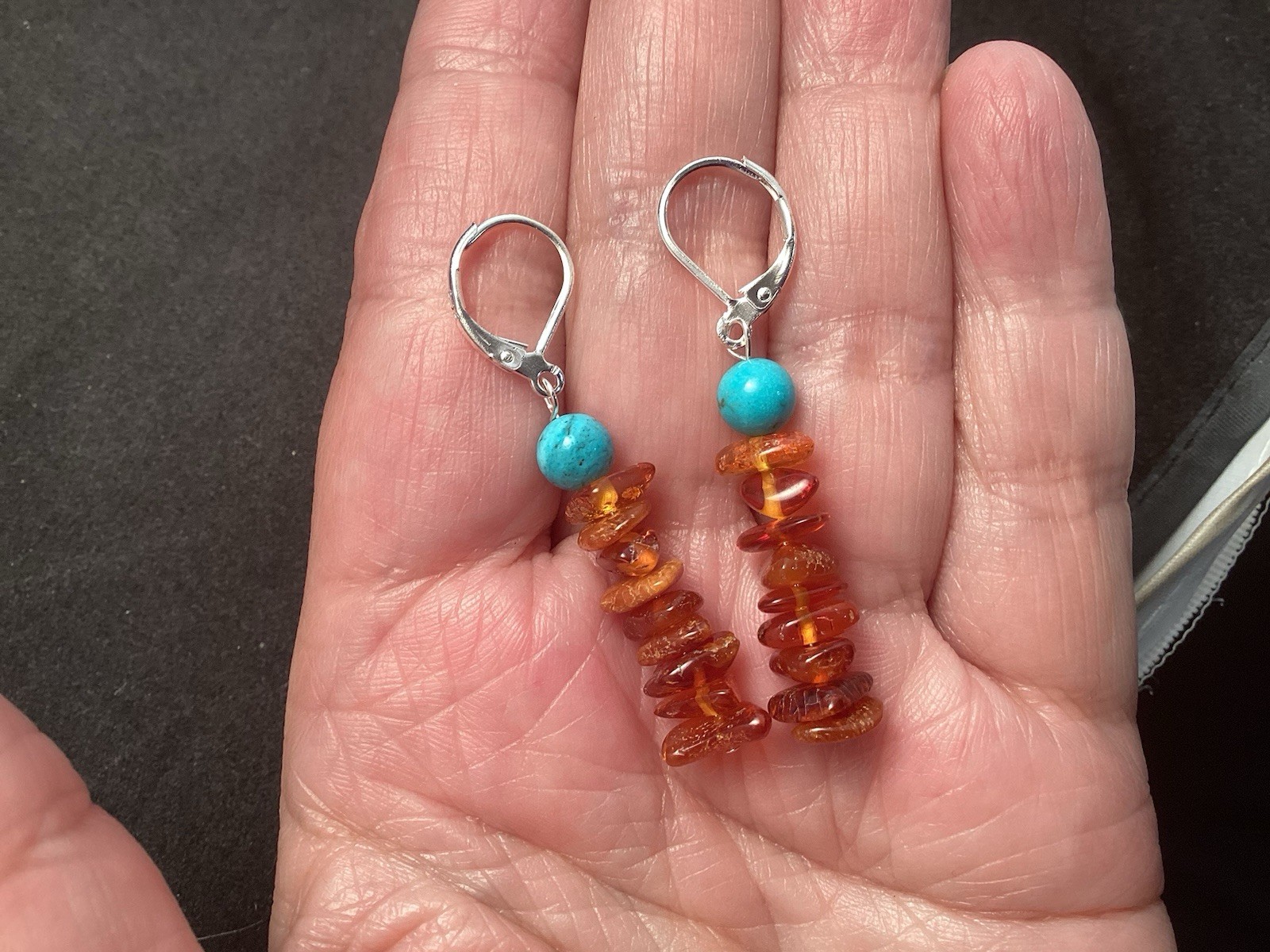 Sterling Silver Turquoise and Amber Beaded Lever back Earrings