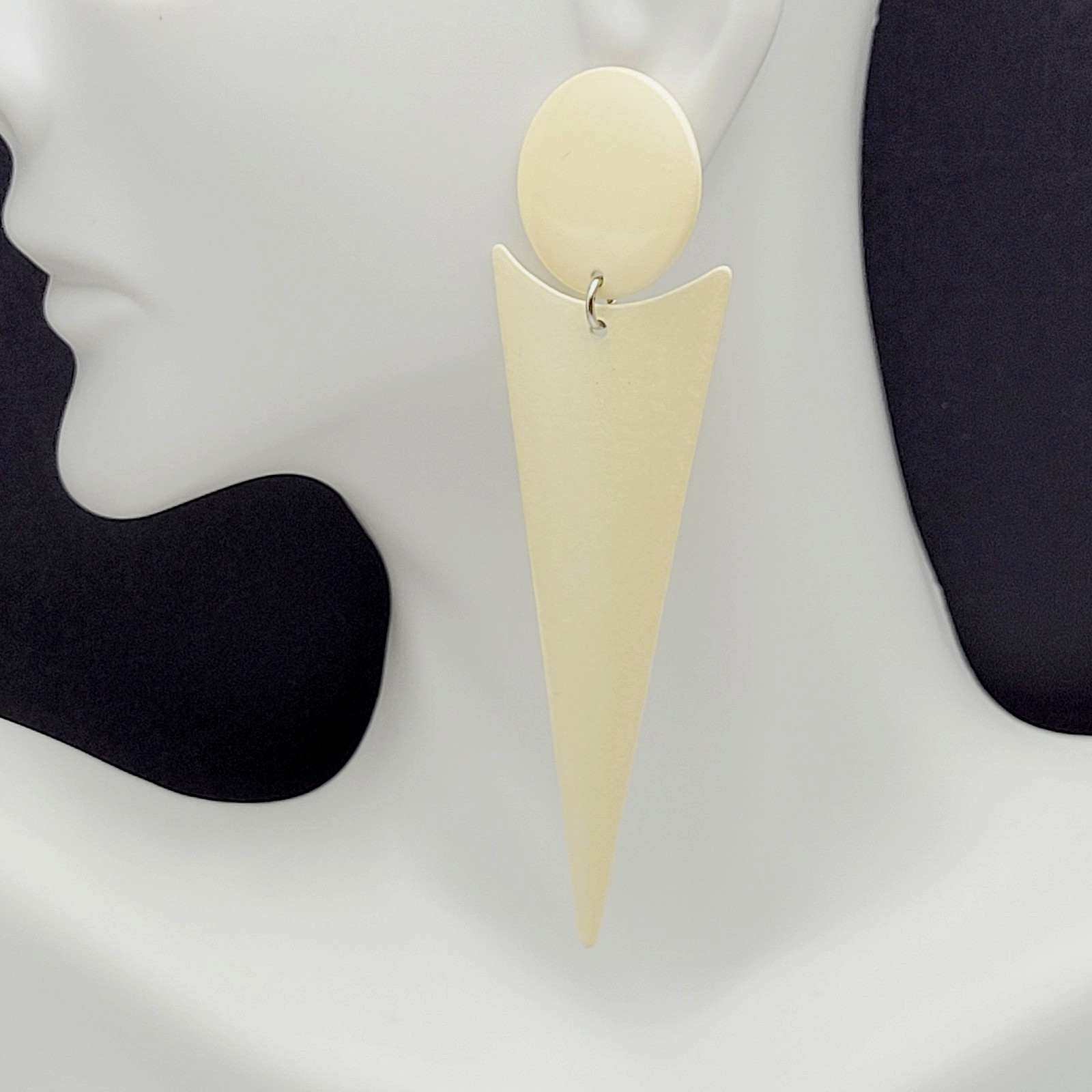 Minimalist Geometric Long Drop Dangle Metal and Cream Enamel Vtg 1980s Earrings