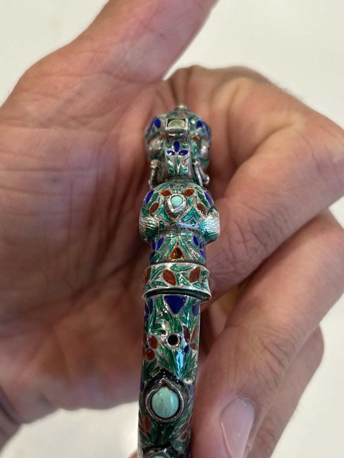 Vintage Indian Meenakari Sterling Enameled Elephant Head Bangle Turquoise AS IS