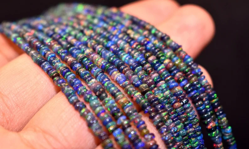 AAA Welo Fire Opal Beads: Ethiopian Black Multi Fire Opal Rondelles (3-5mm) 16′