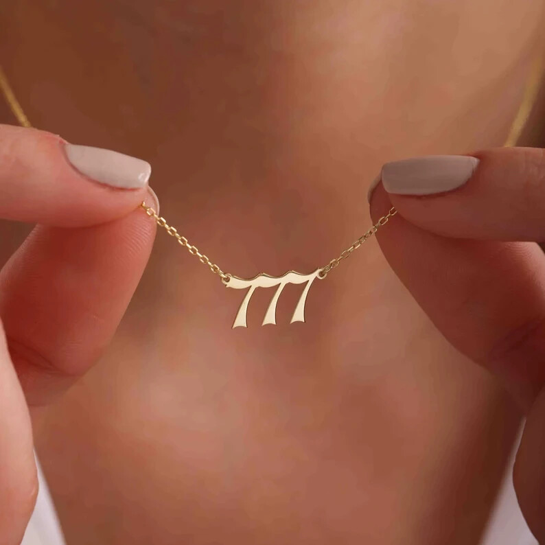 777 Angel Number Pendant Lucky Necklace Gift for Her 14k Yellow Gold Finish