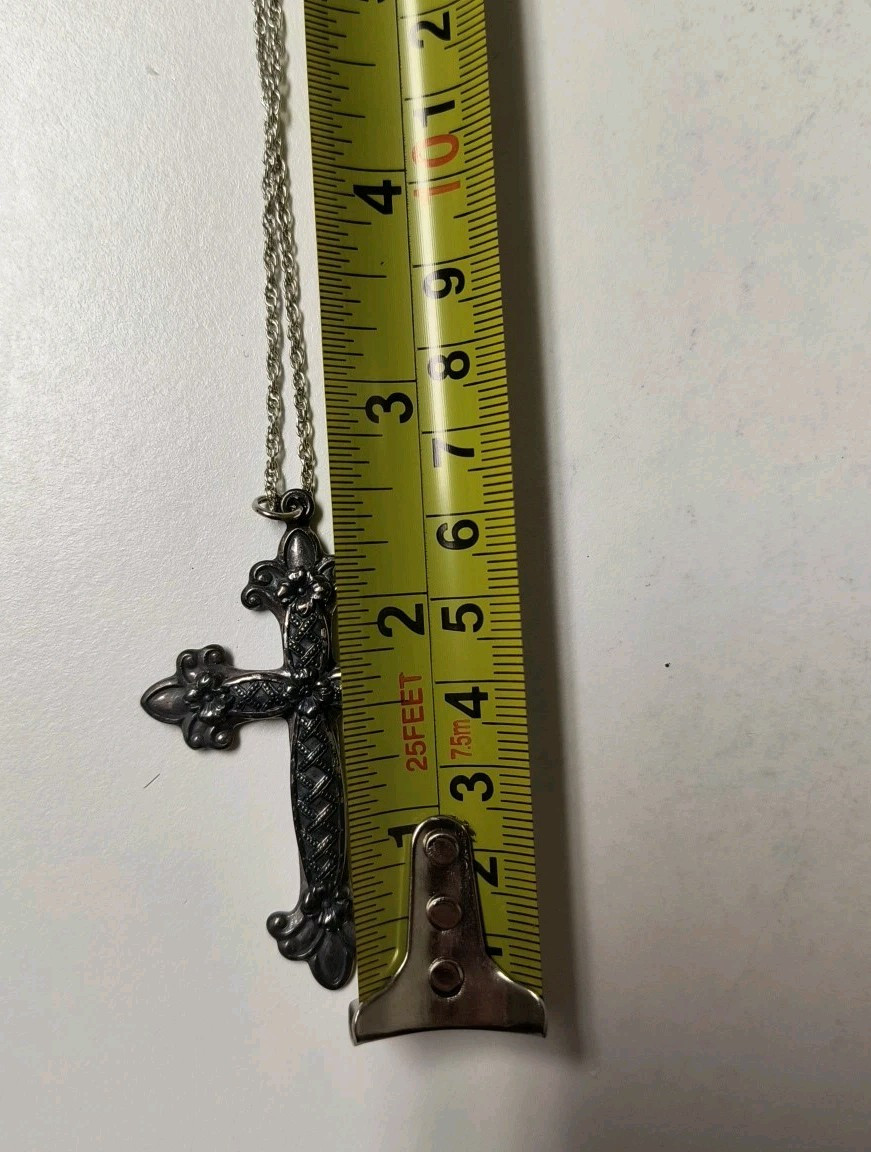 Silver Tone 2.5″ Long Cross Pendant On Chain Marked Made In Korea