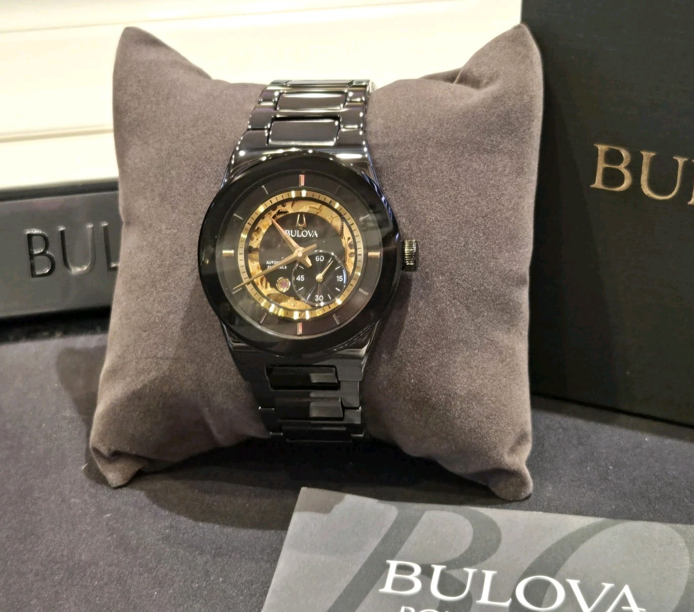 STORE DISPLAY Bulova Modern Millennia Automatic Skeleton Black Mens Watch 98A291