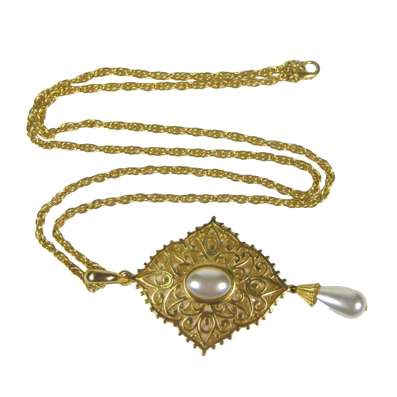 Pendant imitation Pearl Filigree Goldtone Chain Necklace 37 In Victorian STYLE