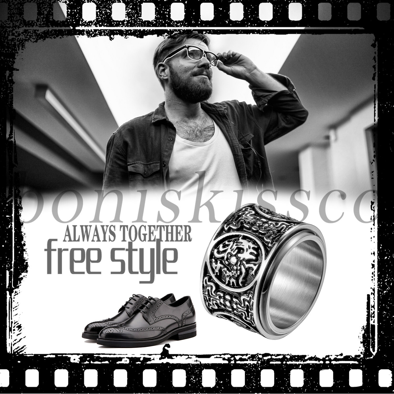 Men’s Retro Heavy Wide Guardian Beasts Stainless Steel Spinner Ring Lucky Band
