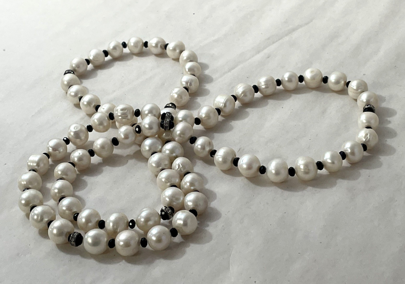 Long 36″ Freshwater Pearl Necklace Black Spacer Beads Statement Strand 132g