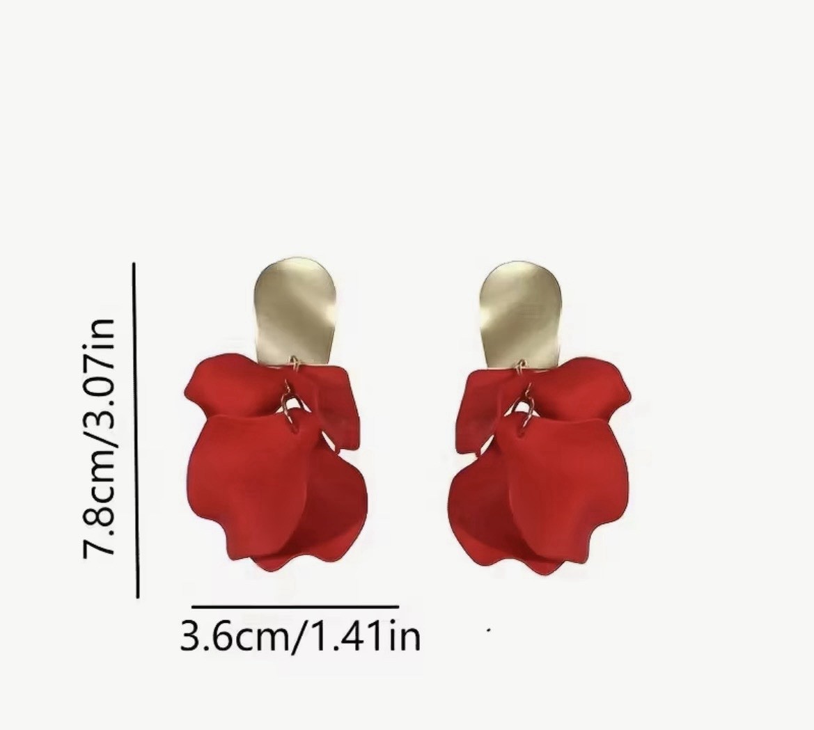 Gold Tone Red Flower Dangle/Drop Earrings Metal No Stone 7.8cm x 3.6cm