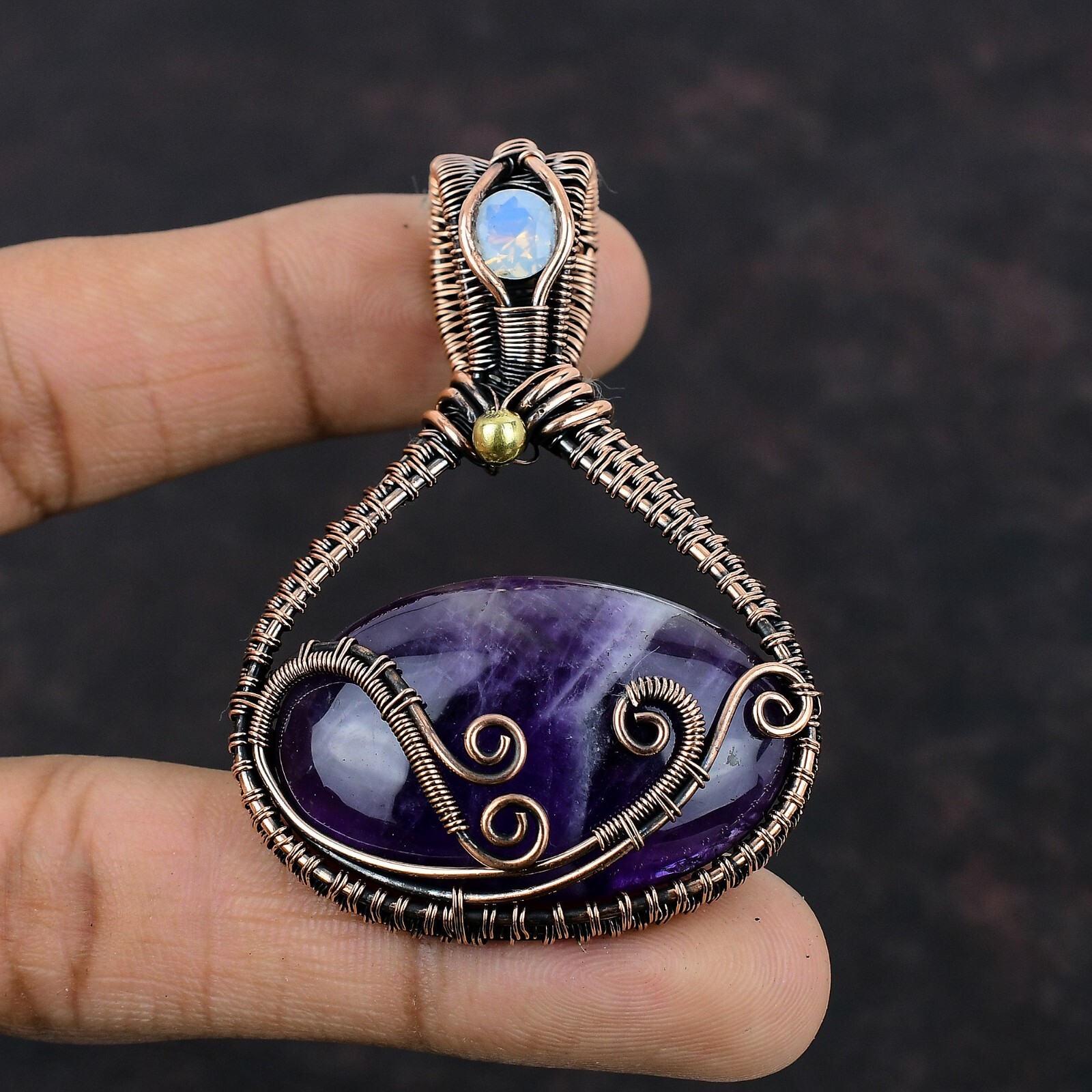 Chevron Amethyst Gemstone Jewelry Copper Love Gift Wire Wrapped Pendant 2.56″