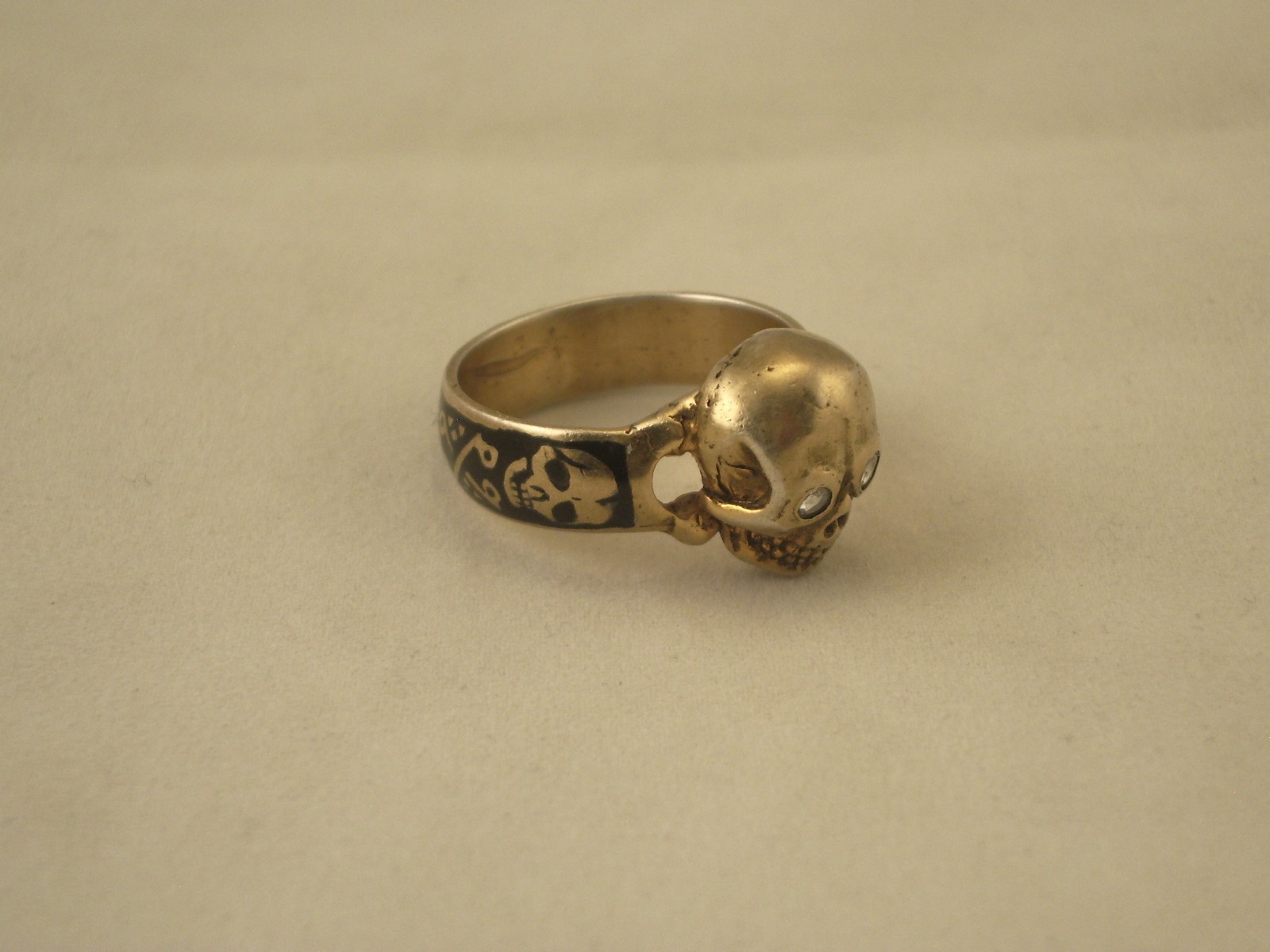 Antique Vtg Gold plated silver enamel diamond masonic memento mori ring Sz7.5