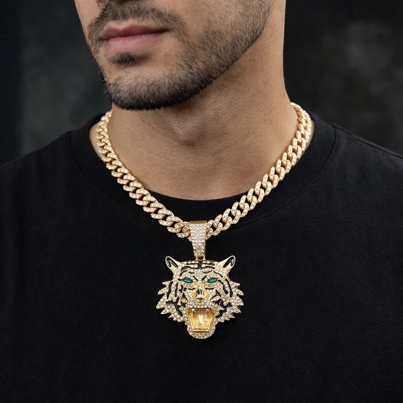 Iced Out Tiger Head Pendant Chain Silver Cuban Link Hip Hop Necklace Bling