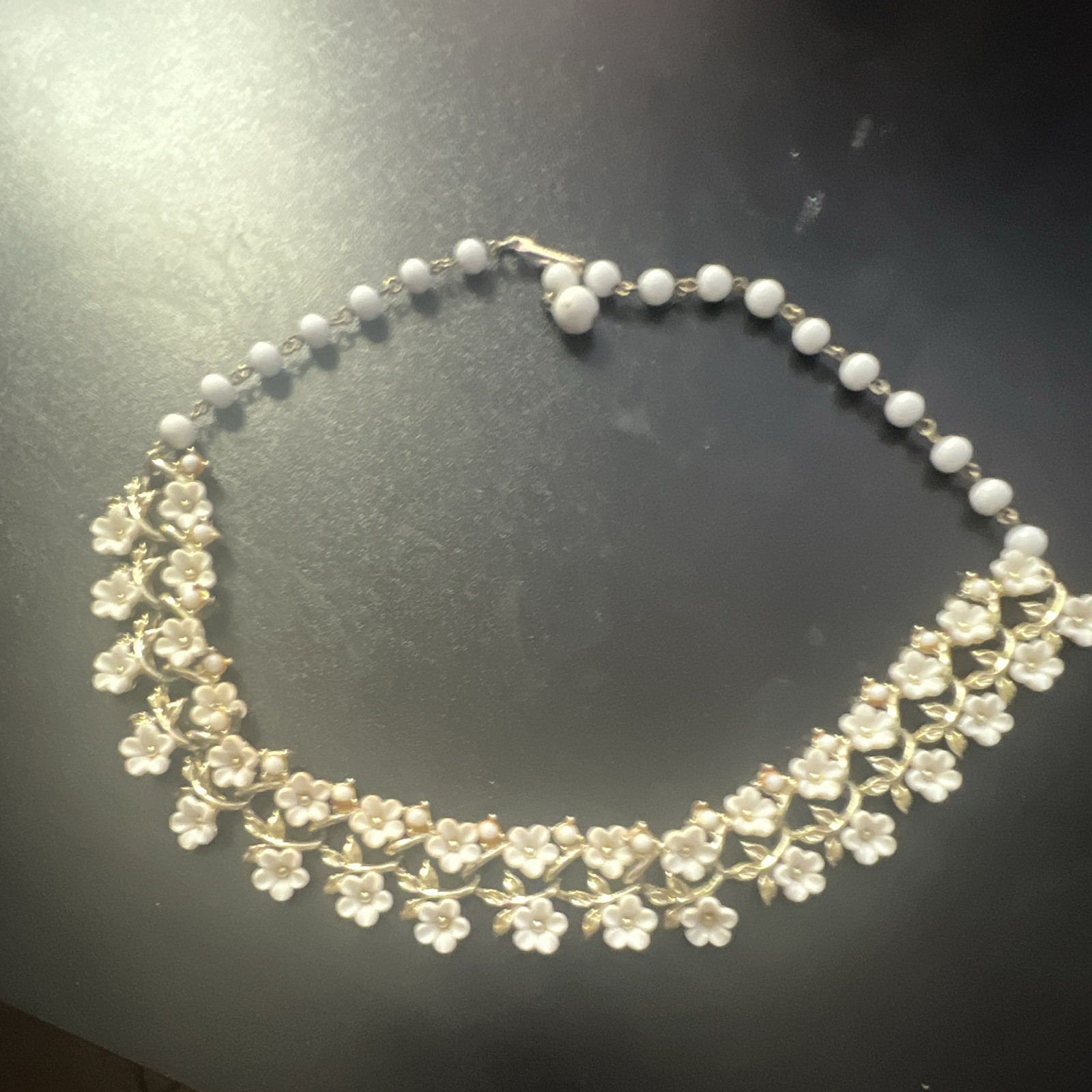 Gold Tone White Beaded Floral Bib Necklace, Adjustable Bead Chain Hook Closure