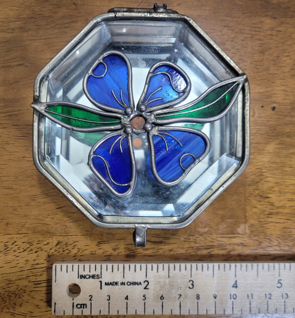 Octagon Stained Glass Trinket Jewelry Box Mirrored Bottom Hinged Top Flower