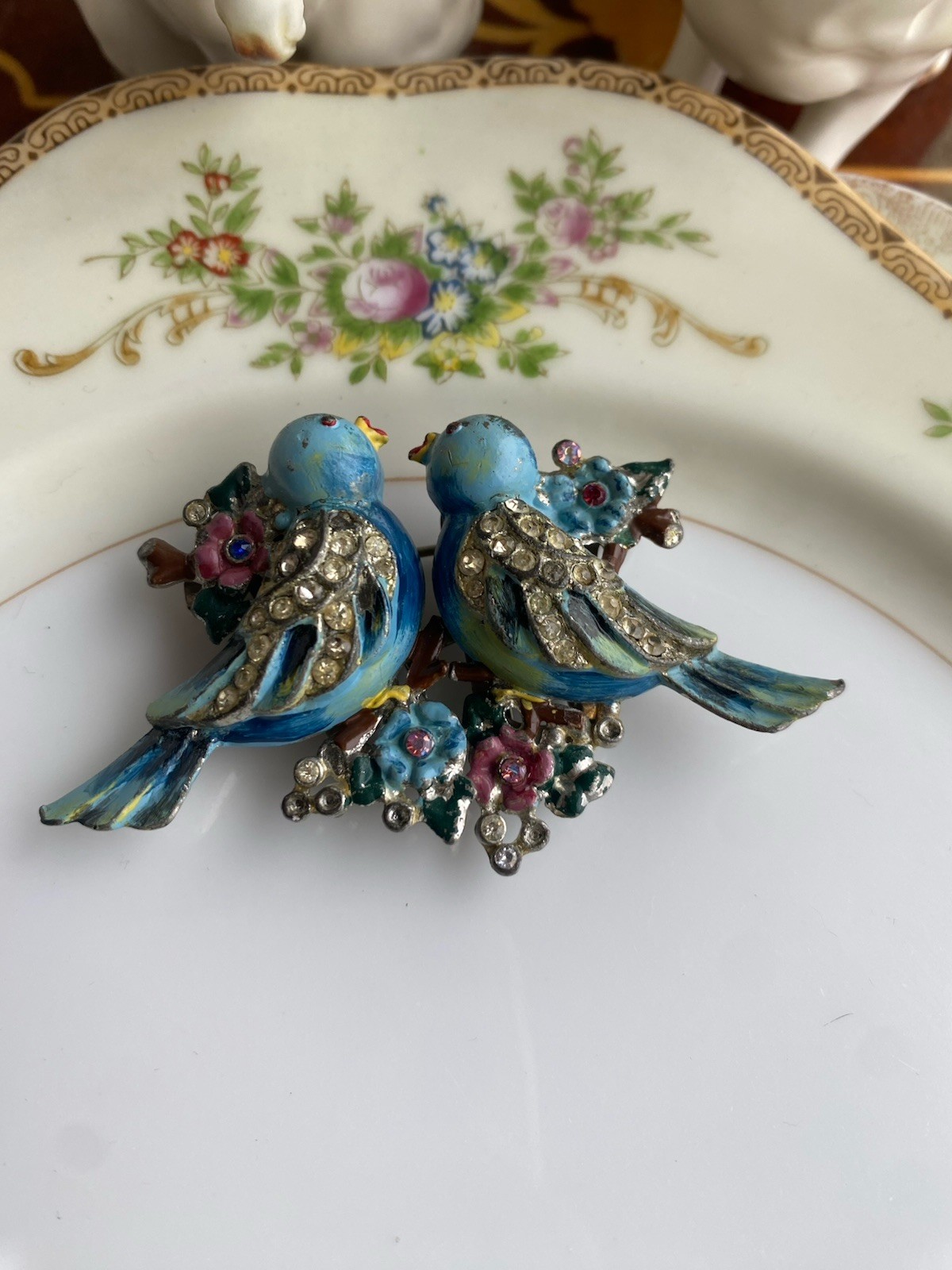 Rare Vintage 40s Coro Duette Enamel Love Birds Fur Clips Rhinestone Pin Brooch