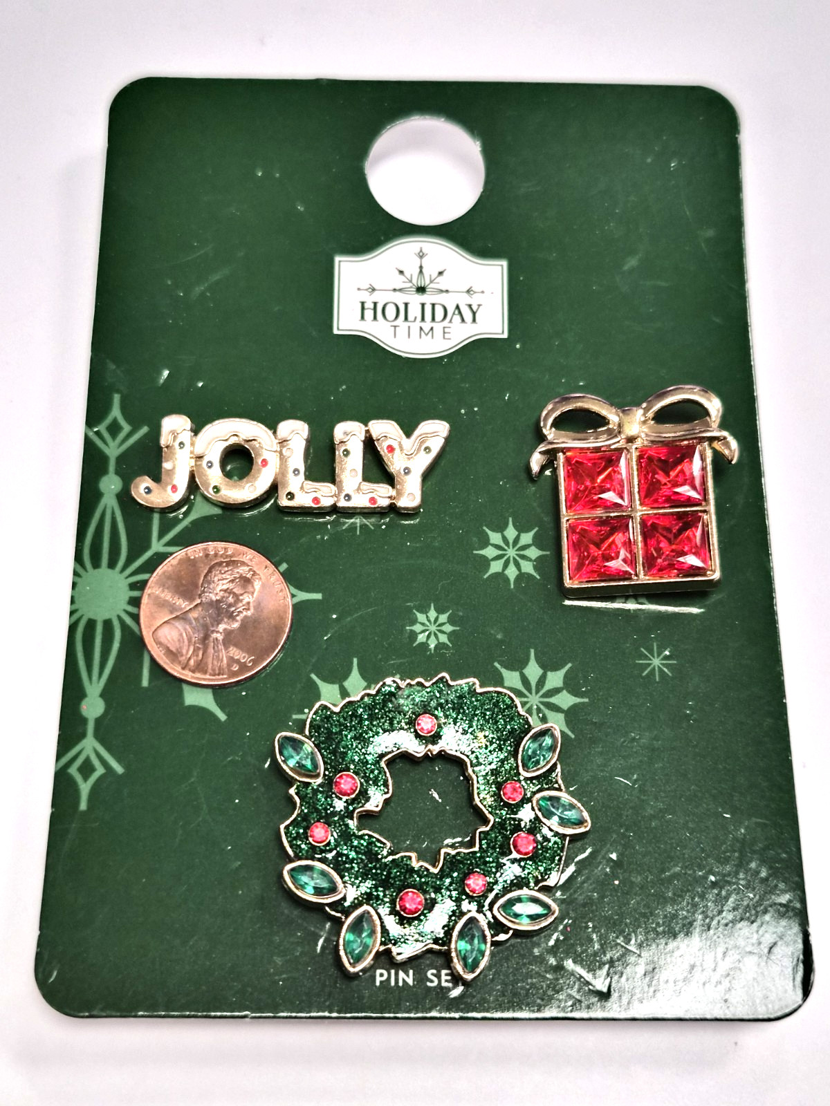 Estate 3pc Holiday Time Jolly Christmas Wreath & Gift Lapel Pin / Brooch Set