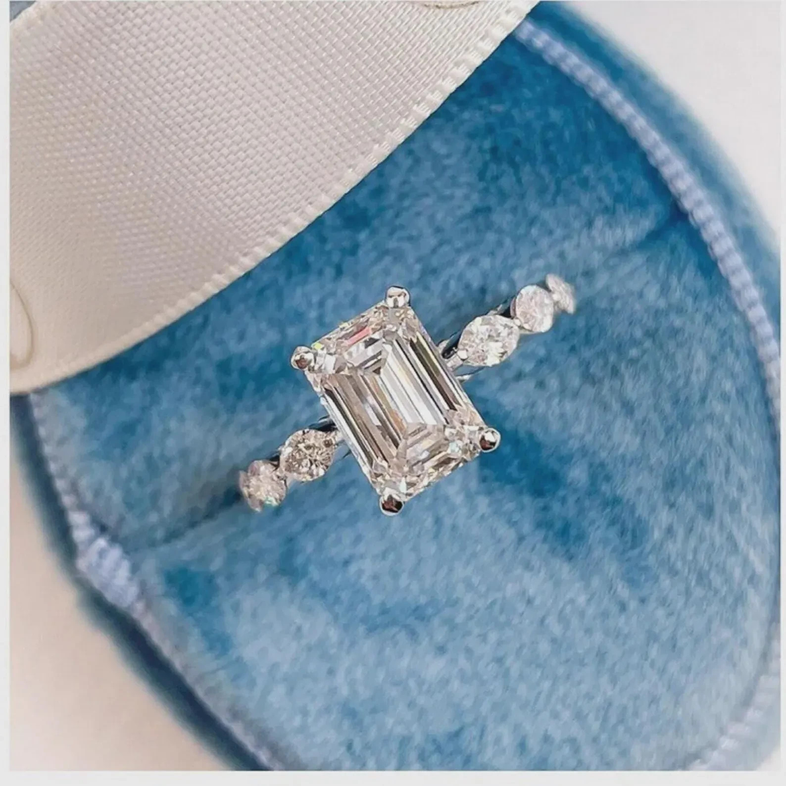 3.1CT Emerald Cut Moissanite Wedding Ring, Marquise Cut Accents Anniversary Gift
