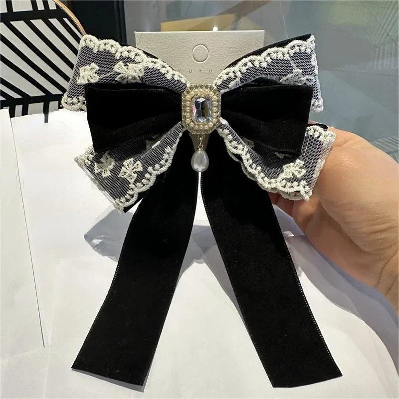 Fabric Lace Bow Brooches for Women Rhinestone Pearl Shirt Collar Pins.